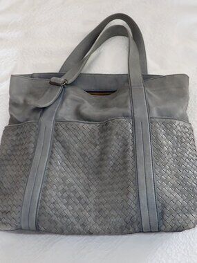 Valentina dusty blue grey heavy leather woven tote